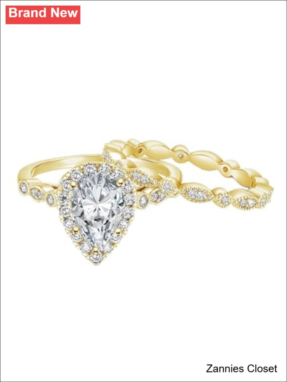 💍 Teardrop Cut Engagement Ring Set 14K Gold Plated Cubic Zirconia Bridal